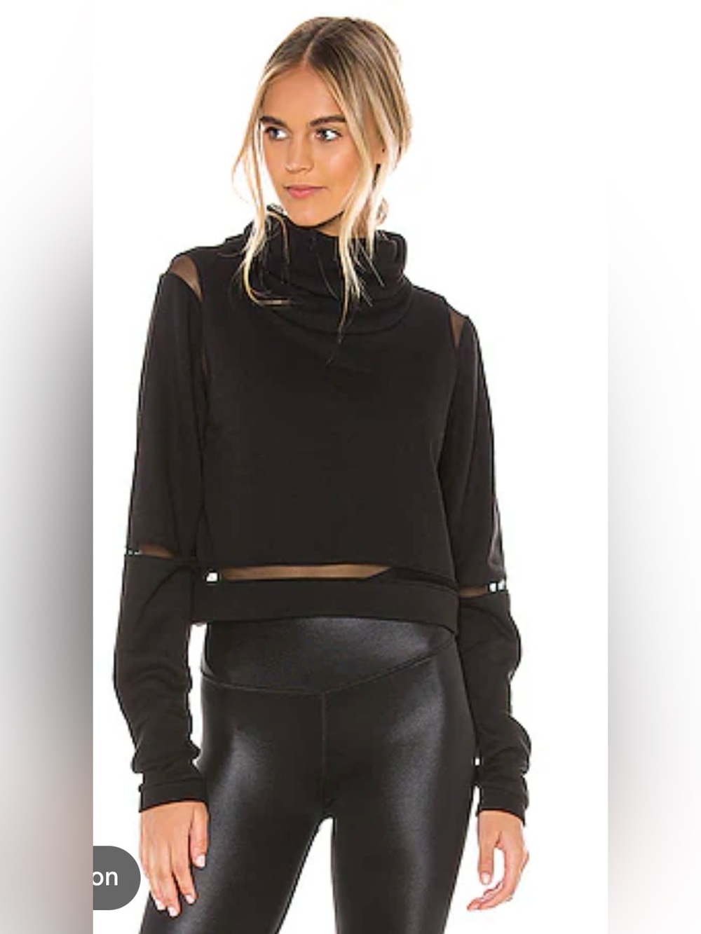 Black Mesh-Trim Cropped Turtleneck Top -